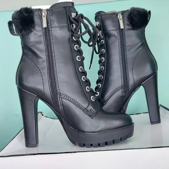 Guess Tetian Black Leather Faux-Fur Lace-Up Stiletto Heeled Boots Women's 9 NWT - Picture 8 of 16